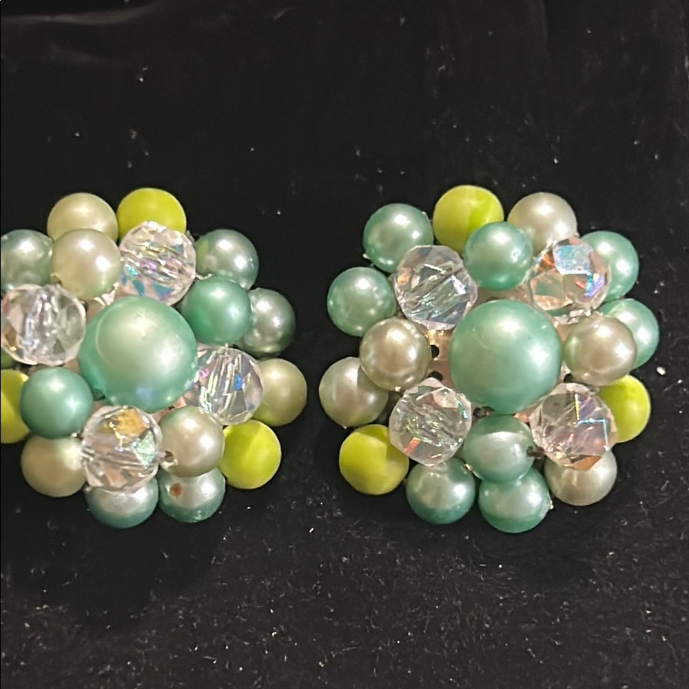 Vintage Green Beaded clip on Earrings